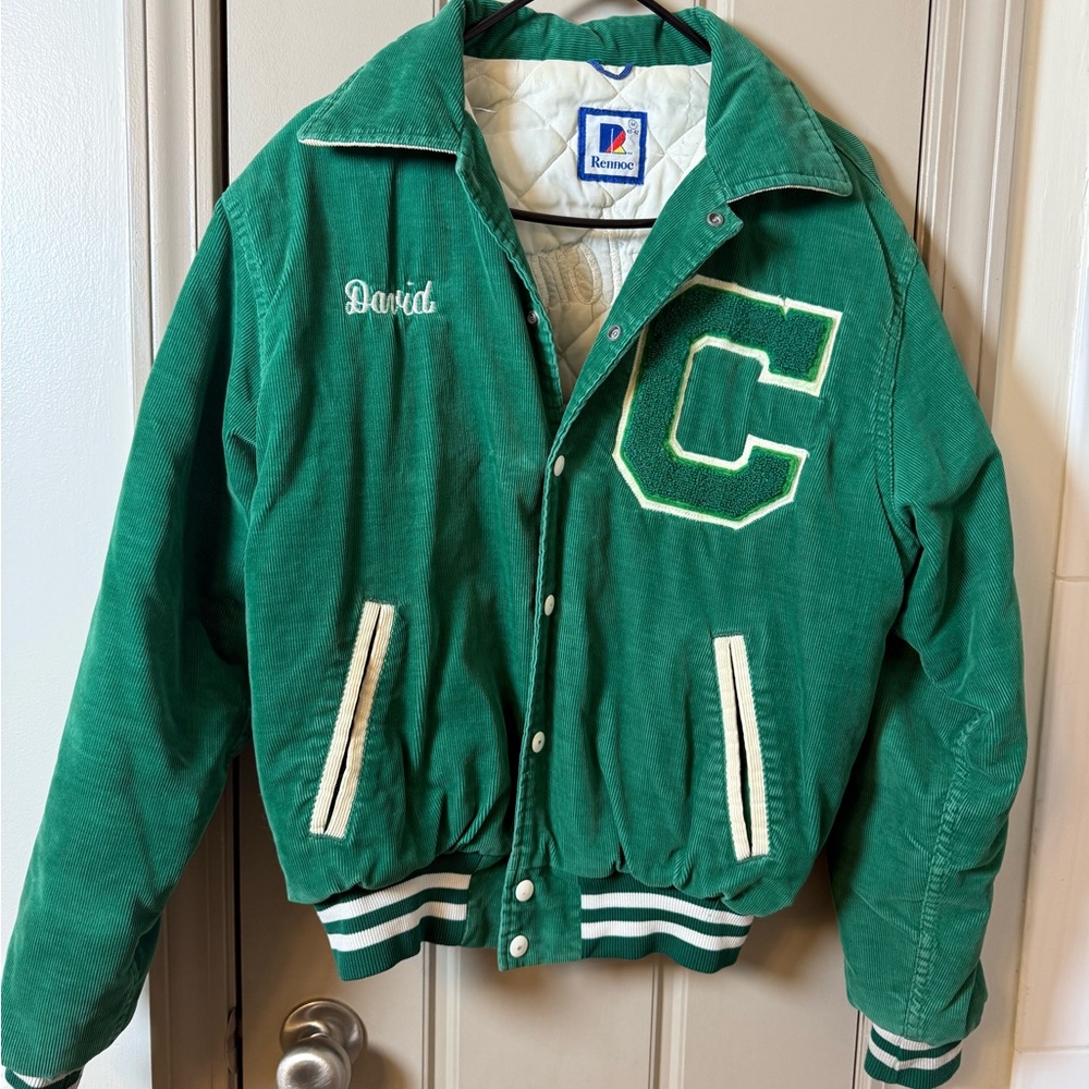 Vintage Green Varsity Jacket with White Trim